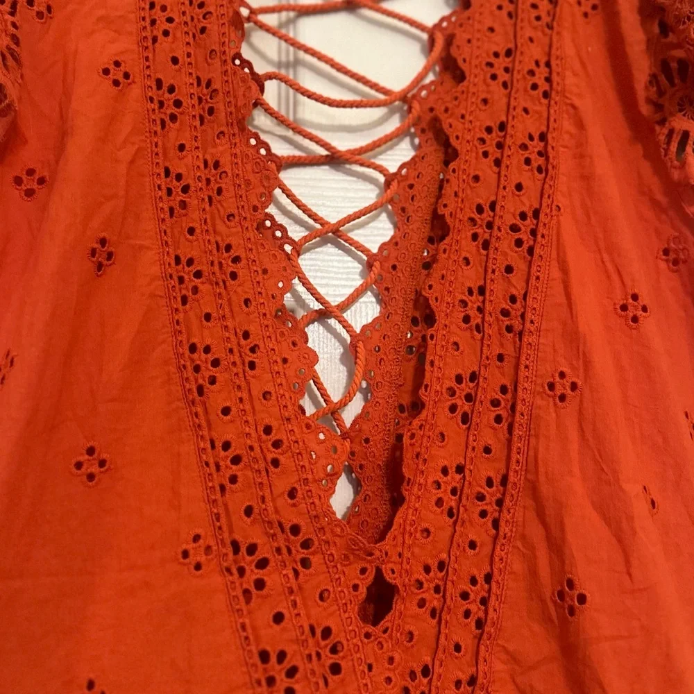 Free People Rust Orange Lace-Up Eyelet Mini Dress